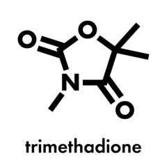 Trimethadione anticonvulsant drug molecule. Used in treatment of seizures. Skeletal formula.