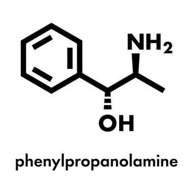 Phenylpropanolamine (norephedrine, norpseudoephedrine, beta-hydroxyamphetamine) drug molecule. Used as stimulant, decongestant and anorectic agent. Skeletal formula.