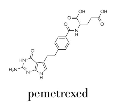 Pemetrexed lung cancer drug molecule. Skeletal formula.