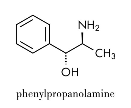 Phenylpropanolamine (norephedrine, norpseudoephedrine, beta-hydroxyamphetamine) drug molecule. Used as stimulant, decongestant and anorectic agent. Skeletal formula.