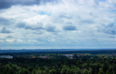 A bird's-eye view of the city and fields opens up.Moscow region Krasnogorsky district.