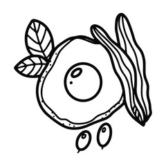 Hand drawn breakfast with scrambled eggs. Doodle sketch style. Outline food elements.