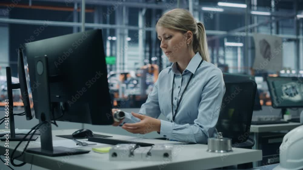 Aufkleber car factory office: portrait of confident female chief engineer working on desktop computer. profess