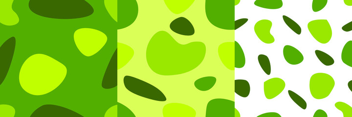 A set of three isolated abstract patterns with random spots in a green color scheme. Vector illustration in modern style. Stamp texture, wallpaper collection. minimalist art.