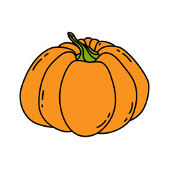 Orange Pumpkin illustration in doodle style. Pumpkin - a symbol of Halloween, Fall, and Thanksgiving. Squash silhouette. Isolated on white background. Vector. For menu, farmers markets, print
