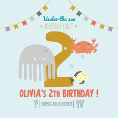 An illustration in a vector. Invitation to the sea party, in cartoon style, on a blue background, with the image of a cute funny jellyfish, crab, fish and the number two.