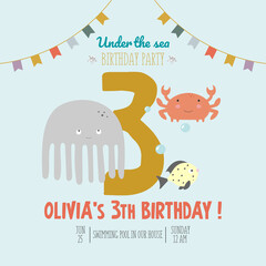 An illustration in a vector. Invitation to the sea party, in cartoon style, on a blue background, with the image of a cute funny jellyfish, crab, fish and the number three.