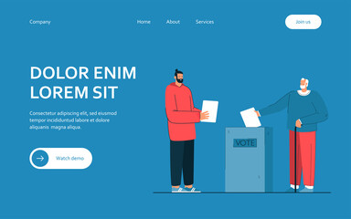 Men of all ages voting vector illustration. Elderly man throwing bulletin in special box. Young male character with bulletin waiting in line. Voting concept for banner, website design or landing page