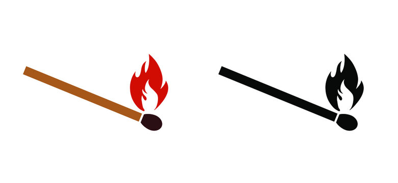 Matchstick, lucifer sign. Smoking, fire or flame sign. Burning matches icon. Matches pictogram. Match lighted icon. Funny flat vector cartoon.