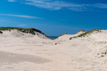 Fototapeta na wymiar Sanddünen mit Dune Grass, Meer und blauer Himmel ohne Menschen
