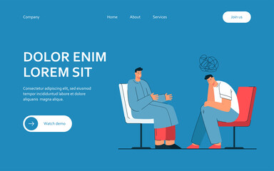 Psychotherapeutic session flat vector illustration. Man attending psychotherapist, sorting out his problems and psychological trauma. Mental treatment, psychotherapeutics, medicine help concept