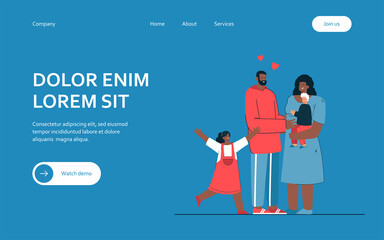 Family welcoming foster child. Black woman holding white boy. Everyone happy and loving. Girl jumping joyfully. Foster parenting concept for banner, website design or landing web page