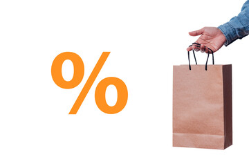 Man's hand with paper bag and a percentage symbol on a white background