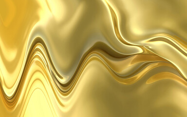 Liquid gold flows in wavy lines. Beautiful golden background with yellow shades and reflections. A golden, wavy abstraction.