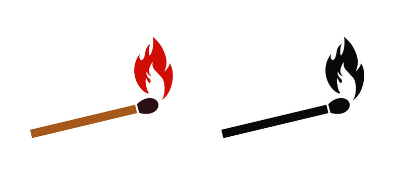 Matchstick, lucifer sign. Smoking, fire or flame sign. Burning matches icon. Matches pictogram. Match lighted icon. Funny flat vector cartoon.