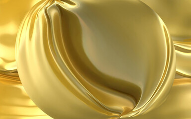 A golden circle with wavy, sinuous waves. Beautiful golden background with yellow shades and reflections. A golden abstraction with a ball in the middle.