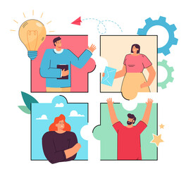 Business team working on project online via Internet. Flat vector illustration. Puzzle with people connecting and communicating on social media, in video chat. Partnership, teamwork, web concept