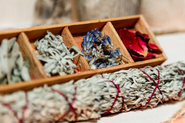 set of dried herbs delphinium, sage, wormwood, lavender, rose. Wormwood wand