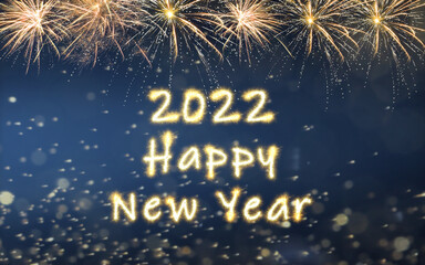 Bright text 2022 Happy New Year made of sparkler on dark background. Greeting card design