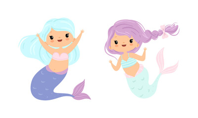 Mermaid with Waving Hair Floating Underwater Vector Set