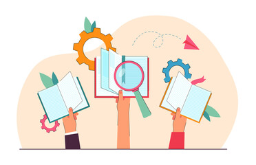 Cartoon hands holding open books. Flat vector illustration. Magnifier, colorful gears, pages of books, top view. Library, learning, education, studying concept for banner design or landing page