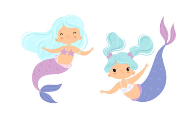 Mermaid with Waving Hair Floating Underwater Vector Set
