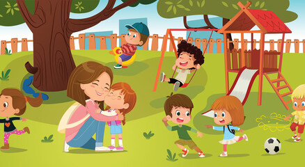 Happy caring mother hugging little cute daughter at childish playground vector flat illustration