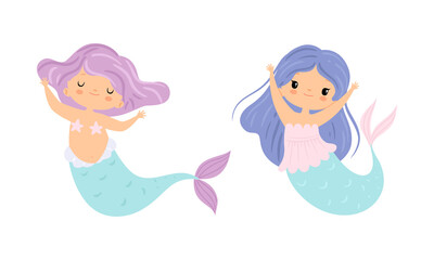 Cute Mermaid with Waving Hair Floating Underwater Vector Set