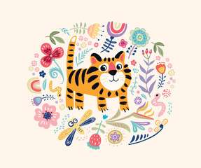 Funny cute hand drawn tiger in childish botanical rounded frame vector flat illustration