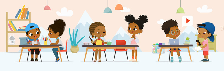 Group of African-American little kids at classroom doing entertainment educational activity vector flat