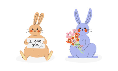 Cute Rabbit or Bunny with Long Ears Holding Bunch of Flowers and Greeting Card Vector Set