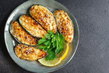 mussels cream sauce baked cheese seafood meal snack on the table copy space food background rustic top view