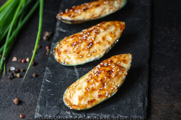 mussels cream sauce baked cheese seafood meal snack on the table copy space food background rustic top view