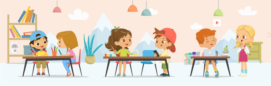 Funny kids spending time at art classroom together painting, drawing, use laptop vector illustration