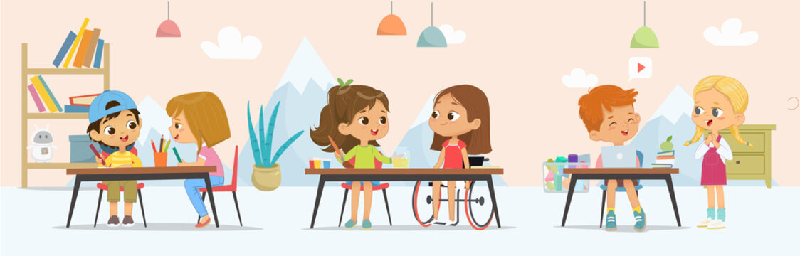 Adorable kids at classroom spending time together vector flat. School inclusive education concept.