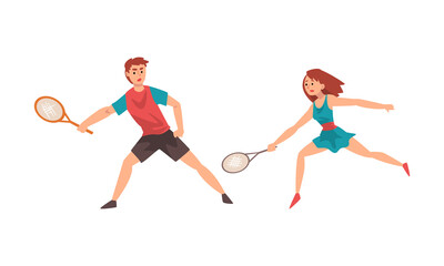 Fototapeta premium Man and Woman Playing Tennis as Racket Sport on Court Vector Set