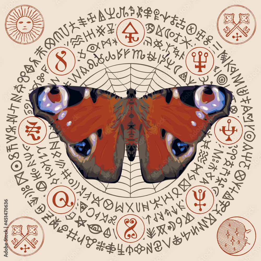 Wall mural vector illustration with a peacock eye butterfly and magic runes written in a circle on a light back