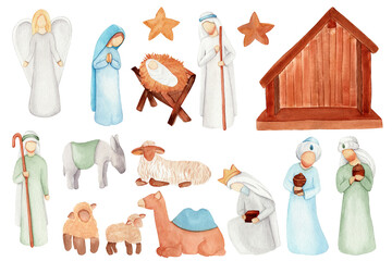 Mary, Joseph, angel, shepard, three wise men, camel, sheeps, donkey, manger. For greeting cards, religious illustration - 451471022