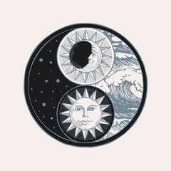 Vector yin yang symbol with sun, moon, stars and sea waves. Hand-drawn stylized sun and moon with human face, day and night. Occult and mystic sign of harmony, balance, feng shui, opposite, zen, yoga