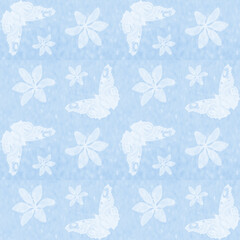 on a blue background, a seamless pattern with butterflies and lily flowers