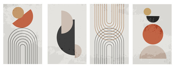 Set of Modern art background. Contemporary minimal posters with geometric shapes and curves. Unique texture. Mid century artwork. Social media templates in calm trendy colors