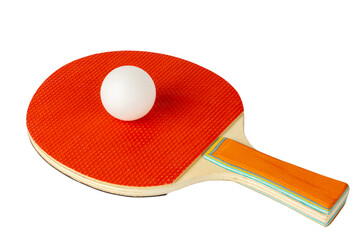Table tennis racket on a white background. Ping pong racket isolated on white. Ping pong ball. High angle view. - obrazy, fototapety, plakaty