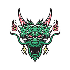 Japanese dragon head illustration. Vector graphic for t shirt, poster, logo, sticker, or apparel merchandise. Traditional tattoo and Retro style.