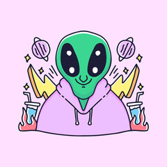 Alien in sweater with bolt and planet illustration. Vector graphics for t-shirt prints and other uses.