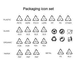Packaging icon symbol set. Package logo sign collection. GHS pictograms. Recycling codes. Vector illustration. Isolated on white background.