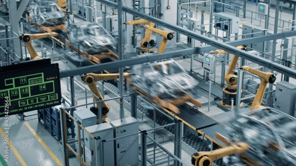 Poster car factory 3d concept: automated robot arm assembly line manufacturing high-tech green energy elect
