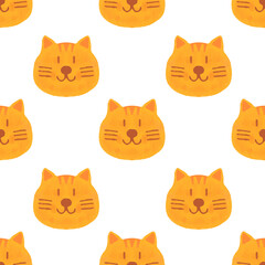 Seamless pattern of watercolor cats. Watercolor animal painting. Kids white background. Hand drawn illustration. Painted backdrop. Cloth pattern. Cat, kitten, head.