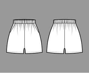 Sport training shorts Activewear technical fashion illustration with elastic normal waist, high rise, Relaxed fit, micro length. Flat bottom template front, back, white color. Women unisex CAD mockup