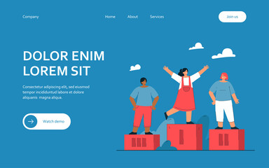 Children winning prizes and standing on podium. Flat vector illustration. Girls taking first and second places, and boy took third place in competition. Sport, victory, concurrence, rewarding concept