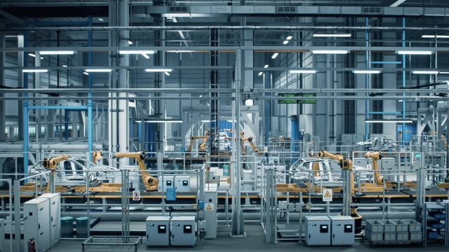 Car Factory 3D Concept: Automated Robot Arm Assembly Line Manufacturing High-Tech Green Energy Electric Vehicles. Automatic Construction, Building, Welding Industrial Production Conveyor. Side View
